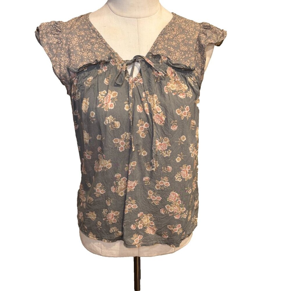 DR2 Woman's Vintage Style Flower Ruffle Blouse Size Small Olive Green Pink Boho